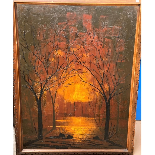 739 - A large atmospheric oil on board.  Browns & orange hues, 100 x 74cm;  Daniel Searle (age 13) oil on ... 