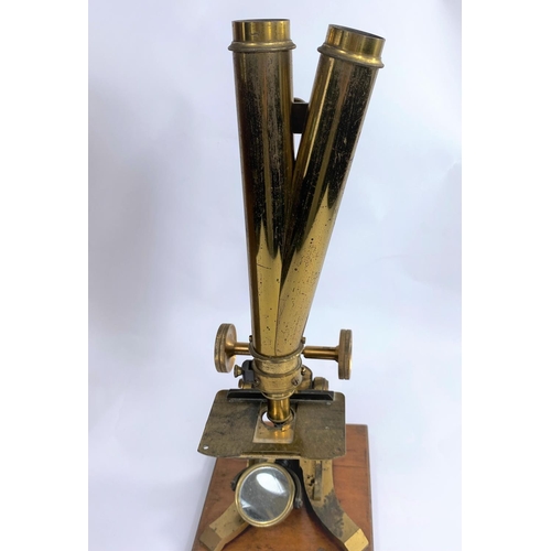 412 - A 19th century Binocular Microscope, brass, unsigned, 40cm, mahogany case