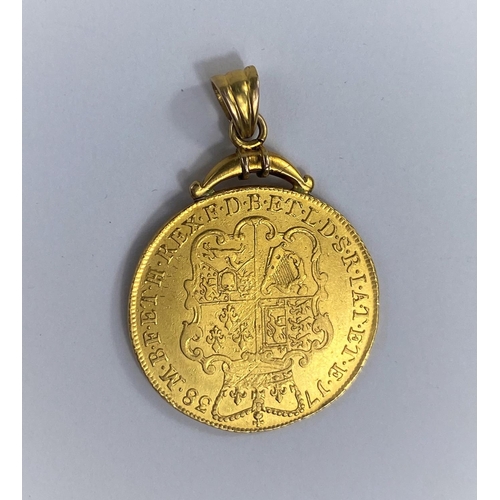 446 - GB: a George III Two Guinea coin, 1738 with gold jewellery mount, 17.9gm
