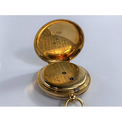634 - A Victorian 18 carat hallmarked gold fob/pocket watch, hunter style with engine turned decoration an... 