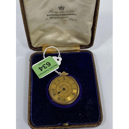 634 - A Victorian 18 carat hallmarked gold fob/pocket watch, hunter style with engine turned decoration an... 
