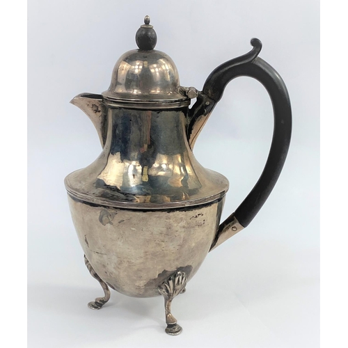 642 - A baluster hot water jug with dome top, on 3 hoof feet, Birmingham 1896, 8.6 oz