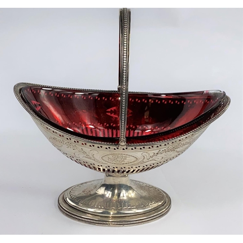 651 - A hallmarked silver classical style pedestal bowl with extensive pierced and beaded decoration, red ... 