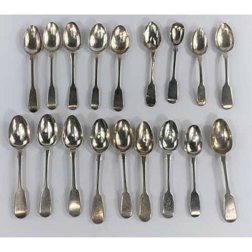 657 - Eighteen hallmarked silver fiddle pattern teaspoons, various dates and assay offices, 9 oz