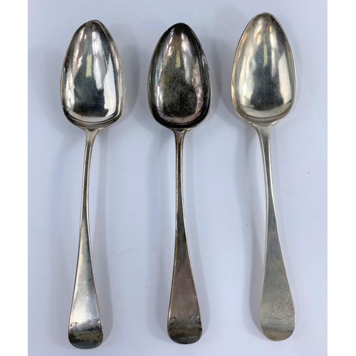 659 - A hallmarked silver pair of Old English pattern tablespoons, monogramed, London 1796; a similar spoo... 