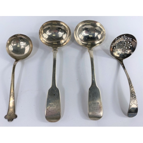 661 - A hallmarked silver pair of Old English pattern sauce ladles, monogrammed, Exeter 1842; another smal... 