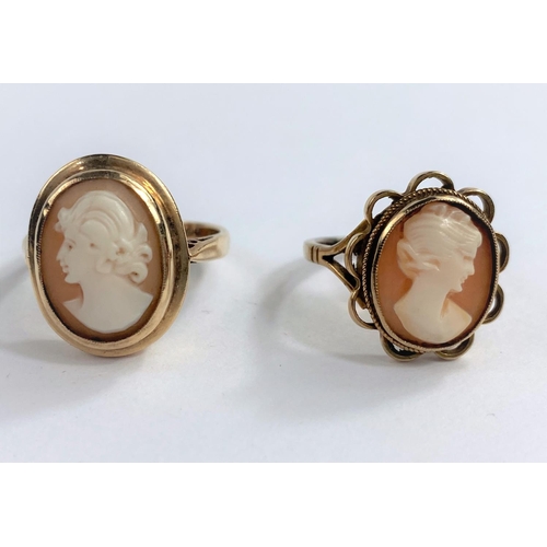 681 - A 9ct hallmarked gold cameo set ring 3.7gm size M ; a similar ring stamped 9ct gold, 2.7gm size I/J