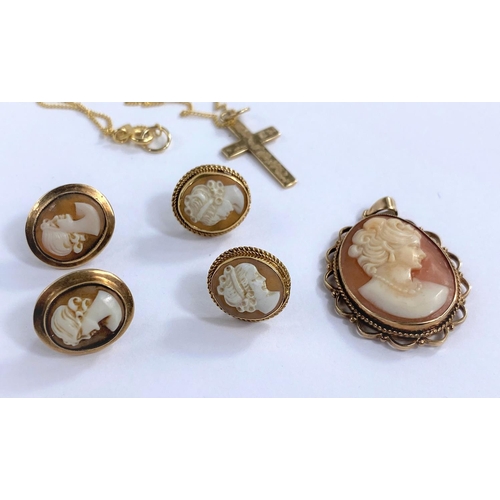 686 - An oval female head shell cameo pendant in a 9ct hallmarked gold surround; a pair of cameo earrings ... 