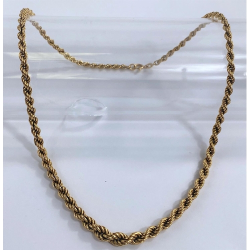 687 - A yellow metal rope twist chain necklace, stamped 750 hallmarked gold, 12.6gms.