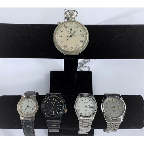 695 - A military style silver coloured stop watch; 4 modern gents quartz wrist watches.
