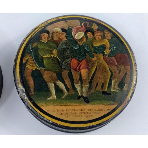 75 - A Jacobite painted circular box with soldiers 'Wha for Scotlands King and Law Freedoms sword will st... 