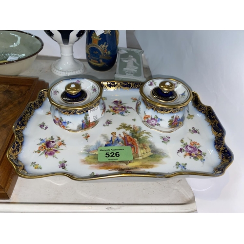 526 - A 19th century Dresden porcelain inkstand decorated in polychrome; decorative miniature china