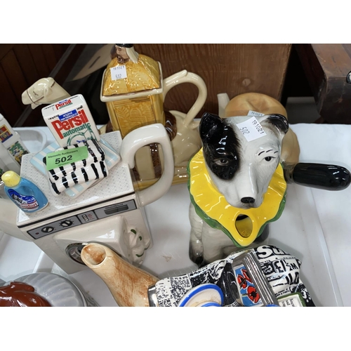 502 - 9 Novelty teapots including washing machine, camel, dog, basket etc