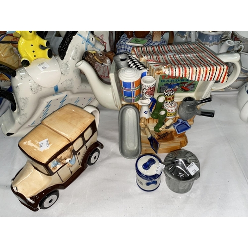506 - 10 Novelty teapots including rocking horse, car, donkey, hardware stall etc