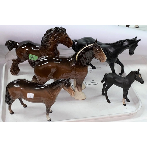 580 - Two Beswick Shire horses 818 and 975, a Beswick Huntsman horse 1484, a Beswick Black Beauty and a Ro... 
