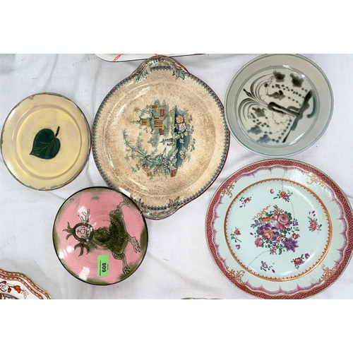 608 - Three Japanese ceramic dishes, a Chinese export plate (a/f), another plate