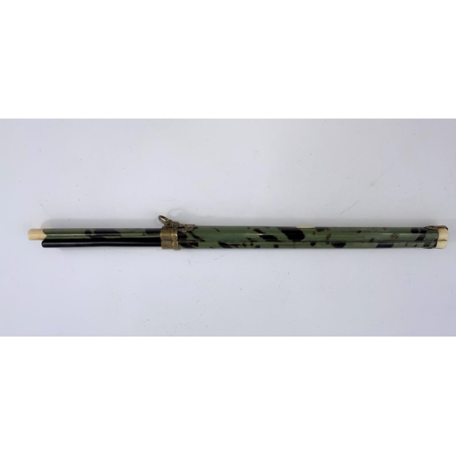 117 - A 19th century Japanese ebony chopsticks set with steel knife in green stained tortoiseshell covered... 