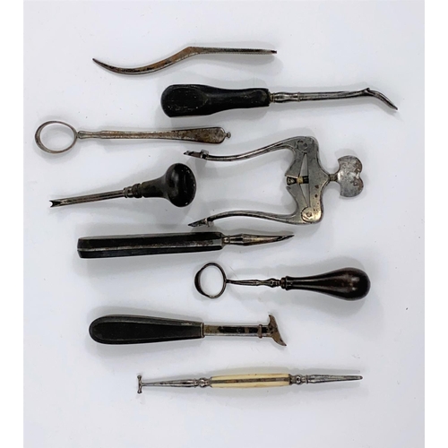 431 - DENTISTRY - a 19th century jaw opener by WOOD, 8 various elevators and other instruments