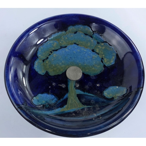 514 - A Moorcroft Moonlit Blue pattern cake dish on a Tudric pewter pedestal stand.
