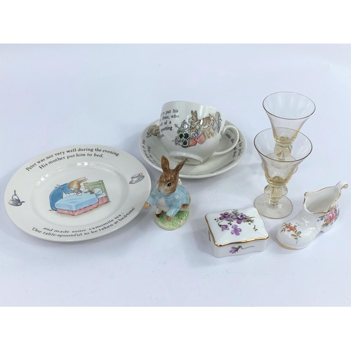 519 - A small selection of Wedgewood Peter Rabbit items, a Beswick Peter Rabbit, two plates of Hammersley ... 