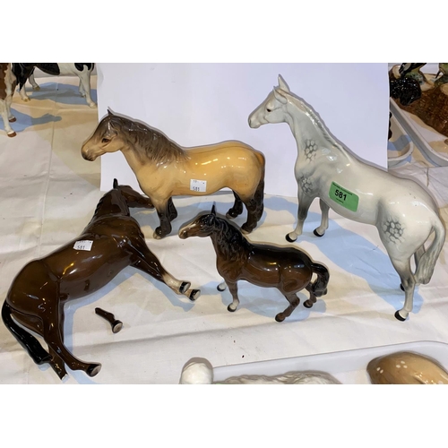 581 - A Four Beswick horses: Bois Roussel racehorse grey 701, Bois Roussel racehorse brown 701 (leg a.f), ... 