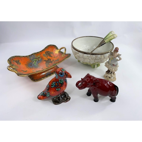 606 - A Royal Doulton Flambe elephant with raised trunk length 16cm, a ceramic and silver plated mounted s... 