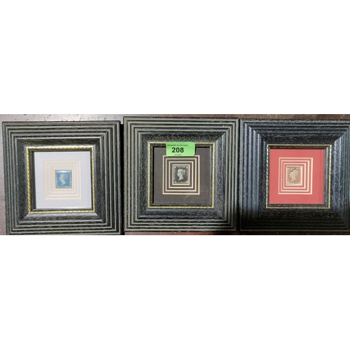208 - Three framed and glazed stamps, a Penny Black, Penny Blue and Penny Red.