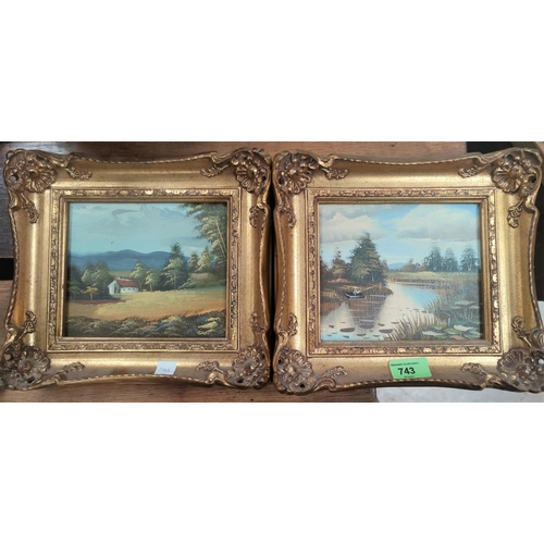 743 - A pair of small gilt framed modern oil paintings of rural scenes 14x16cm; a larger modern oil of a r... 