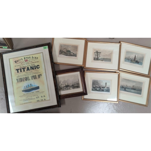 744 - Six various etchings of Liverpool and Birkenhead harbours or sea scenes, a reproduction Titanic post... 