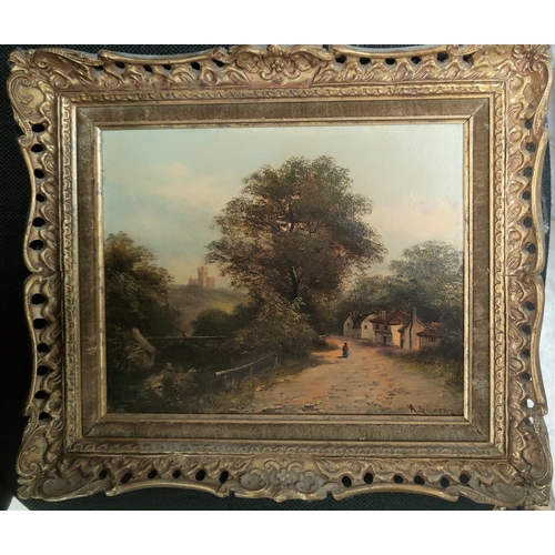 747 - Arthur Gilbert (1819-1895) Oil on canvas of a country lane with cottage and church in the back groun... 