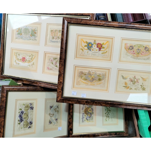 302 - A collection of 12 WWI silk postcards in two pairs of frames, 33 x 43cm and 26 x 32cm overall