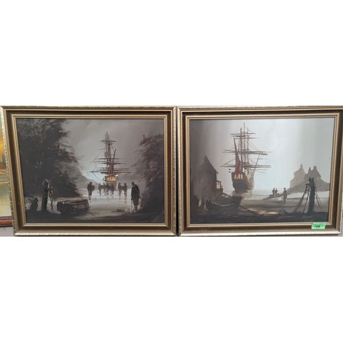 726 - Delon: a pair of oils on canvas of foggy scenes a harbour with ships and a smugglers cove with ship ... 