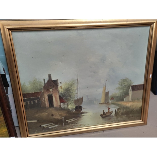 743 - A pair of small gilt framed modern oil paintings of rural scenes 14x16cm; a larger modern oil of a r... 