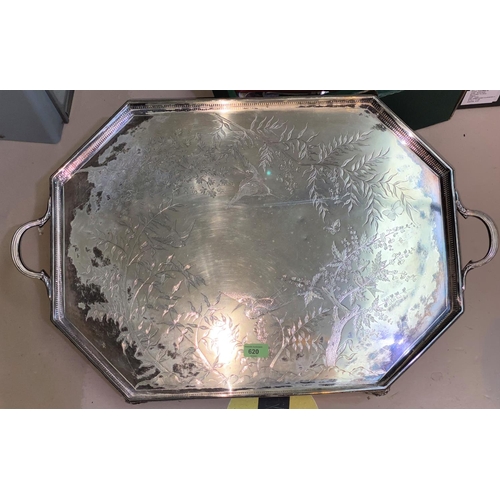620 - A late Victorian EPNS galleried tray with naturalistic engraved decoration, 74cm