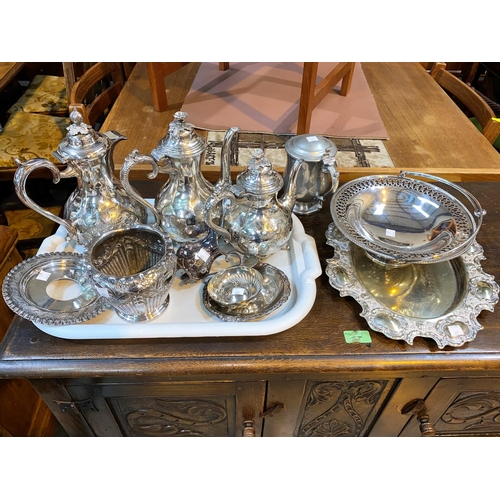 623 - A selection of Victorian and later silver plated tea ware; etc.