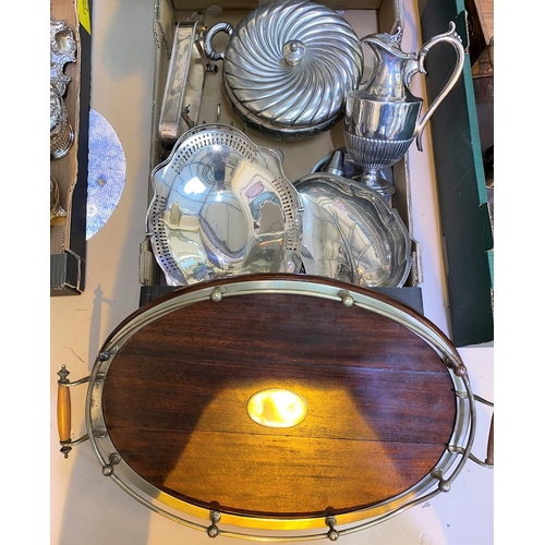 676 - An oval wood and silver plate mounted gallery tray and a selection of silver plate etc