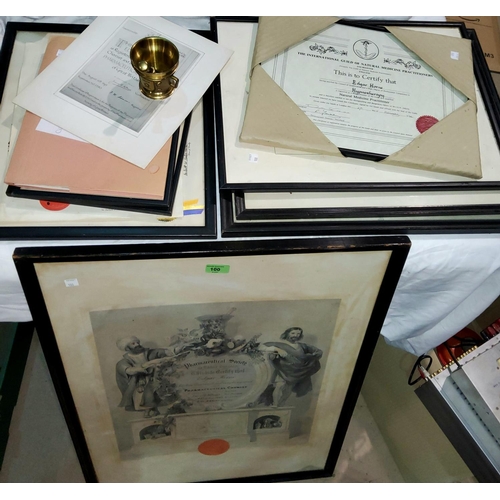 100 - Two Pharmaceutical Society certificates, other related prints and items