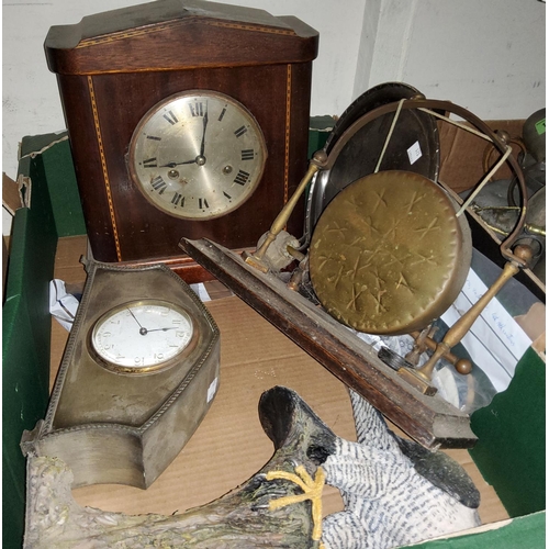 121 - A silverplated mantle clock with 8 day French movement, another clock, etc.