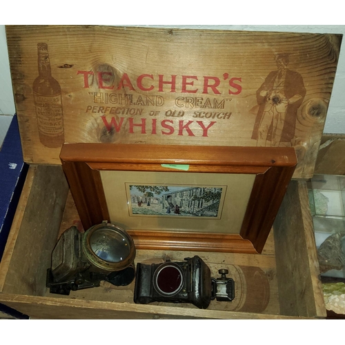 186 - A Brocklehurst Silk in frame, A Teacher's Whiskey vintage advertising box and two vintage bike lamps