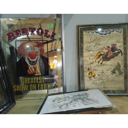2 - A circus Advertising mirror Bertoli Brothers Greatest Show on Earth, a Indian painting of a hunting ... 