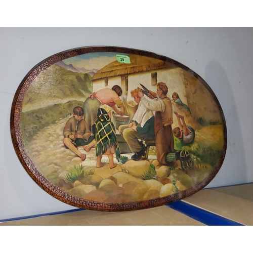 39 - A possibly Scottish oval painting on wood, of a family scene outside a thatched cottage, little boy ... 