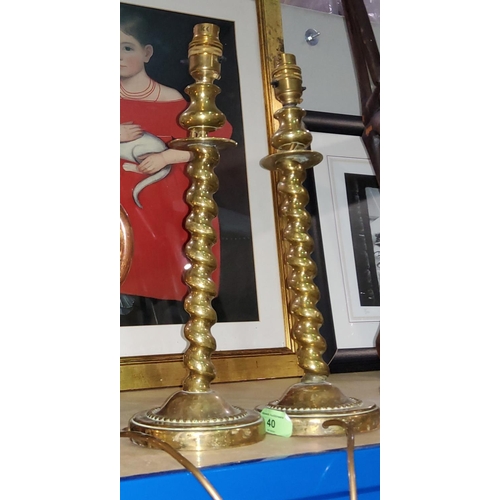 40 - A pair of brass barley twist column table lamps (converted)