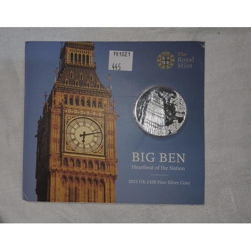 445 - GB: £100 Big Ben coin, fine silver 2015