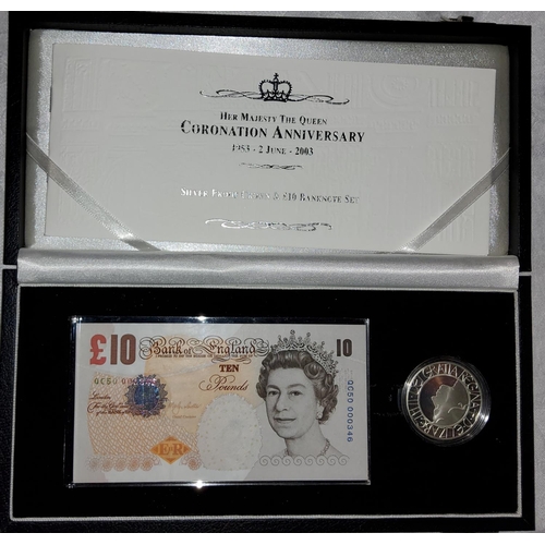 454E - GB: QEII Coronation 50th Anniversary 1953-2003 £10 note and silver proof £5 coin