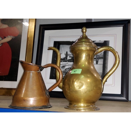 47 - A Middle Eastern brass tea pot and a conical copper jug