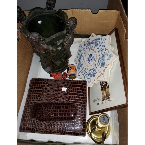62A - A crocodile skin effect cigar humidor; a Delft style tile; two Playboy ashtrays etc.