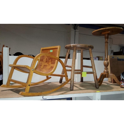 99 - A 1950's childs bentwood rocking chair, a stool, a walnut tripod table