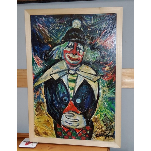 626 - Richard Weisbrod:  three quarter length impressionist portrait of a clown, oil on board, signed, 72 ... 