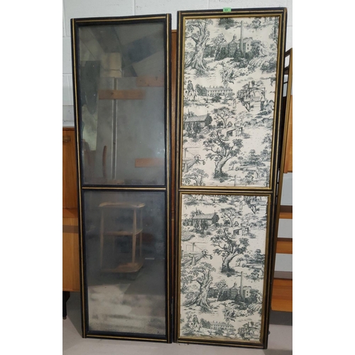804 - A 19th century distressed mirror panel 2-fold screen; a bamboo effect towel rail; a painted towel ra... 