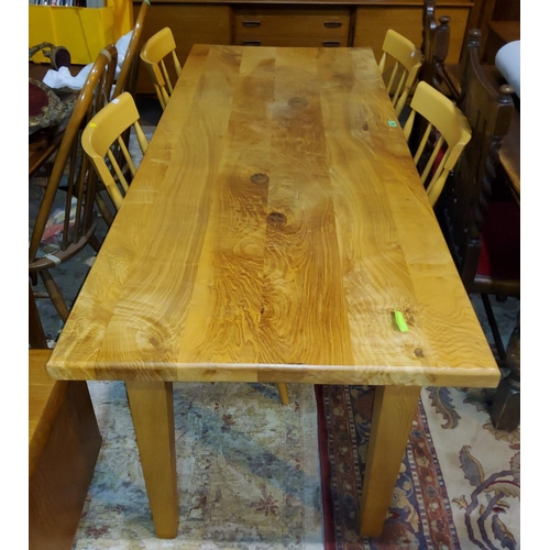 936 - A modern rectangular light elm, plank top, side/dining table, length 180 cm; a set of 4 light wood d... 